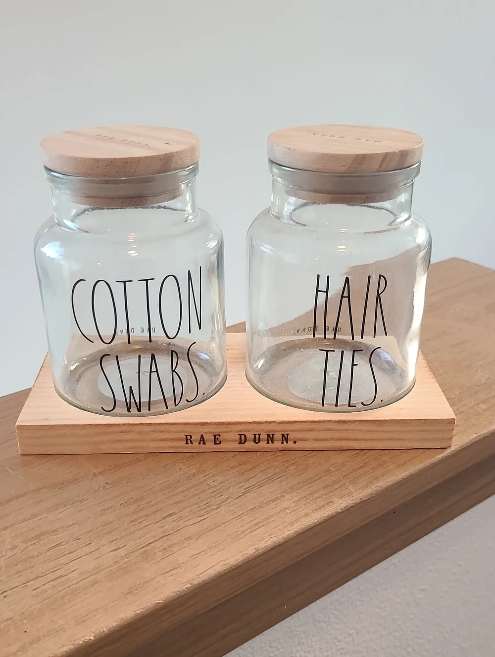 Rae Dunn Clear Glass Bathroom Jars with Natural Wood Lids
